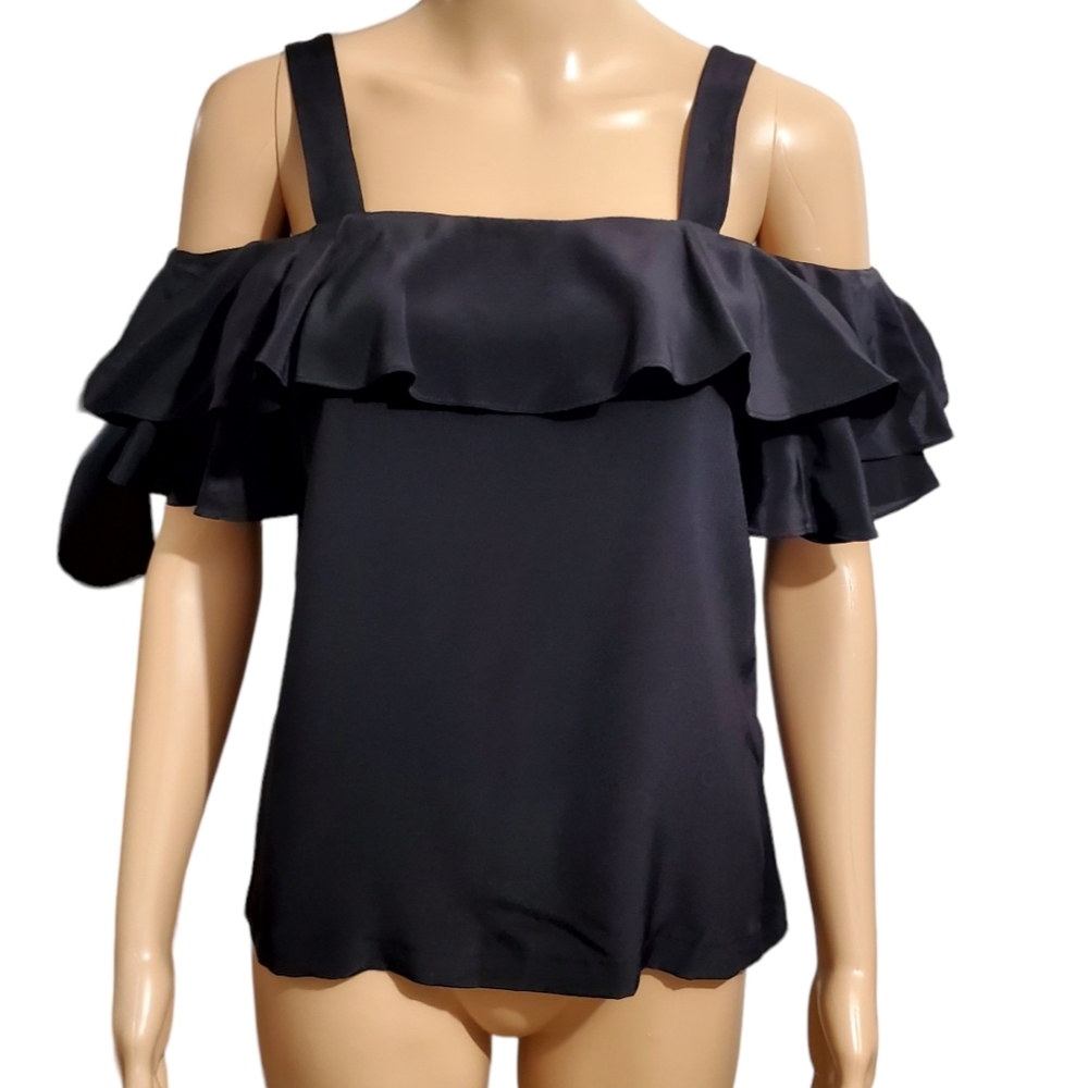 J.CREW 100% Silk Cold Shoulder Ruffle Summer Top G5184 Black size XXS (US 00)